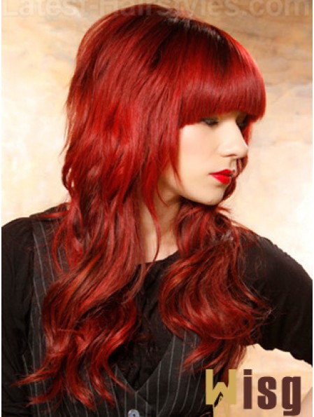 Human Hair Red Wigs Wavy Style Long Length With Bangs