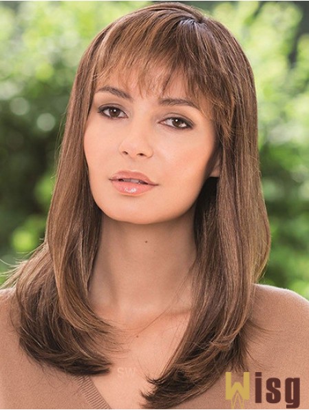 16 inch Brown Shoulder Length With Bangs Straight Stylish Lace Wigs