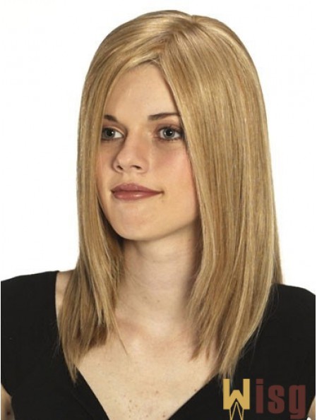 Without Bangs No-Fuss Straight Blonde Long Human Hair Wigs