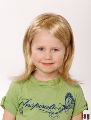 100% Hand-tied 12 inch Straight Shoulder Length Without Bangs Blonde Remy Human Hair Wigs For Kids