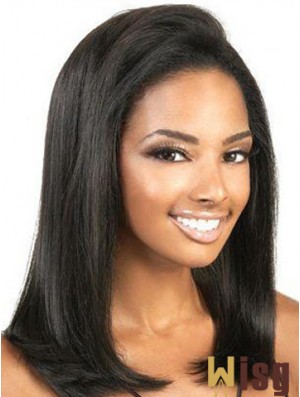 Cheap Black Color Yaki Style Shoulder Length Lace Front Wigs For Black Women