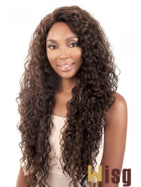 Long Brown Kinky Without Bangs Durable African American Wigs