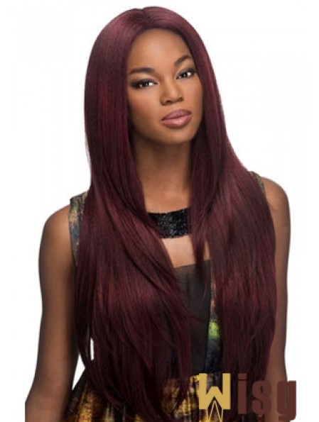 Suitable Red Long Without Bangs Yaki Glueless Lace Front Wigs