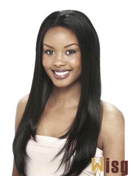 Without Bangs Designed Yaki Black Long Human Hair Lace Front Wigs