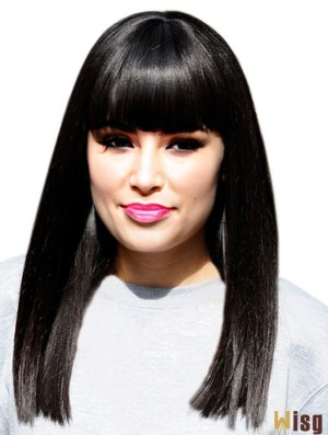 16 inch Designed Black Long Yaki With Bangs  Wigs