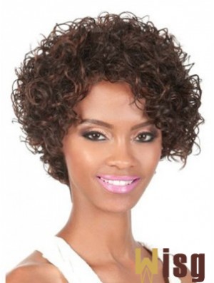 Chin Length Brown Curly With Bangs Natural African American Wigs