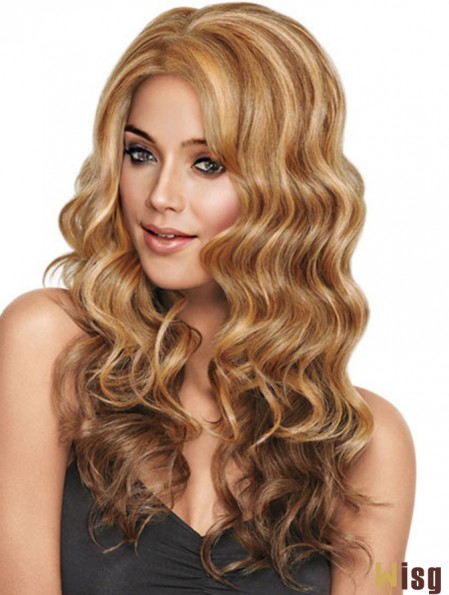 Wavy Without Bangs Long Sleek Blonde Synthetic Wigs