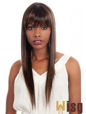 Long Brown Yaki With Bangs Fashionable African American Wigs