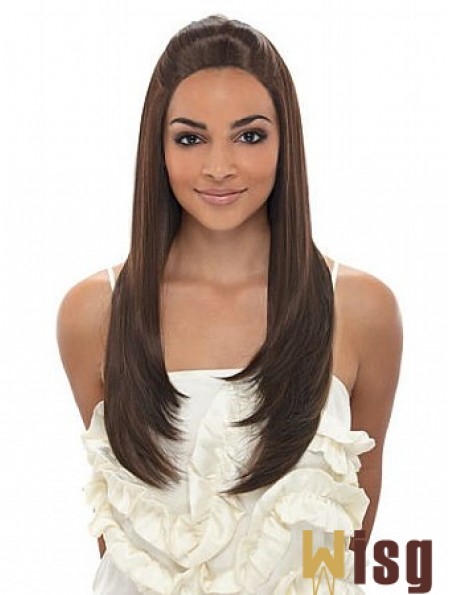 Long Brown Straight Without Bangs Fashionable African American Wigs