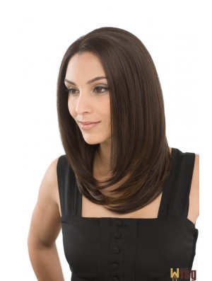 Style Brown Shoulder Length Without Bangs Straight Glueless Lace Front Wigs