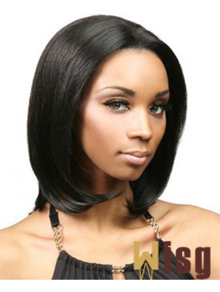 Without Bangs No-Fuss Yaki Black Chin Length Human Hair Lace Front Wigs