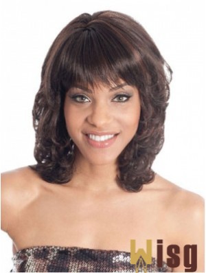 Shoulder Length Brown Wavy With Bangs Fashion African American Wigs