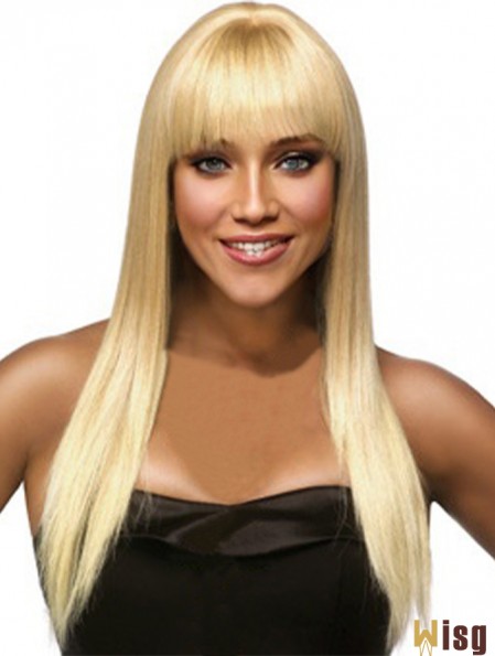 Hairstyles Blonde Long Straight With Bangs Human Hair Wigs