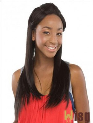 Without Bangs Sleek Straight Black Long Human Hair Lace Front Wigs