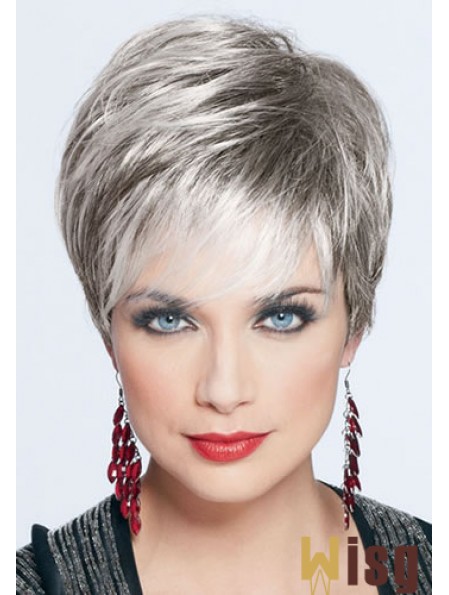 Short Grey Wig With Monofilament Synthetic Straight Style Cropped Length