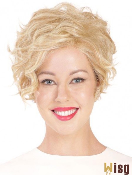 Synthetic Flexibility Cropped Blonde Curly Monofilament Wigs