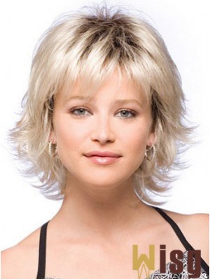 Synthetic Hair Wigs Chin Length With Bangs Blonde Color With Capless