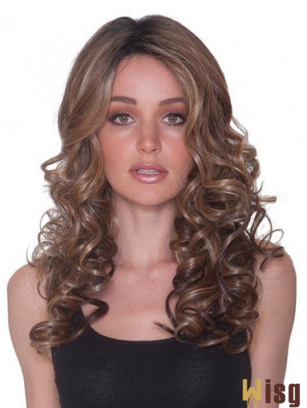 Without Bangs 100% Hand-tied 18 inch Curly Brown Long Wigs