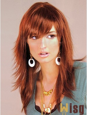 Auburn Color Capless Long Length Layered Cut With Bangs Synthetic Wigs