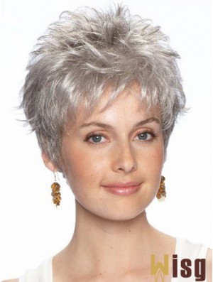 Short Grey Wig With Synthetic Lace Front Wavy Style Grey Cut