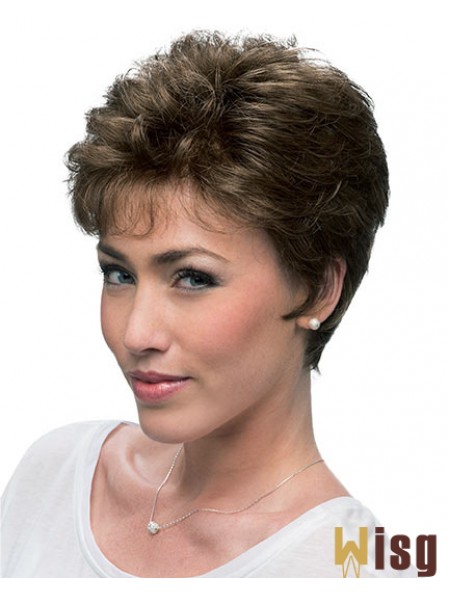 Cheap Brown Cropped Layered Curly Glueless Lace Front Wigs