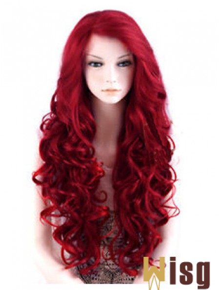 24 inch Red Long Wavy Large Cap Synthetic Lace Front Wigs