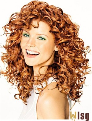 Copper Shoulder Length Curly Without Bangs 16 inch Hairstyles Medium Wigs