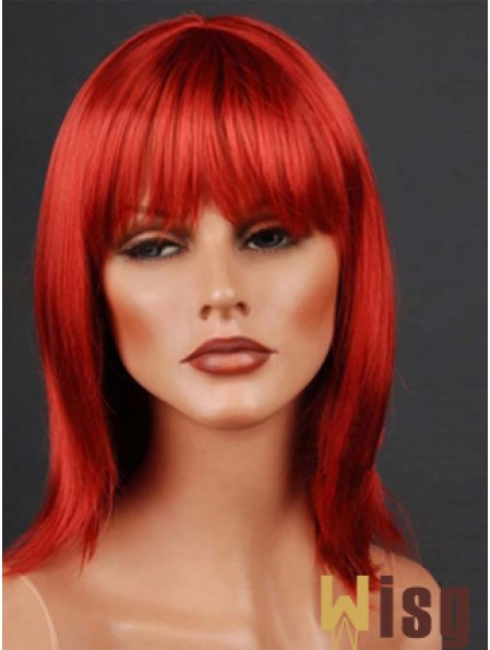 Synthetic Lacefront Wig Monofilament Straight Style Red Color With Bangs