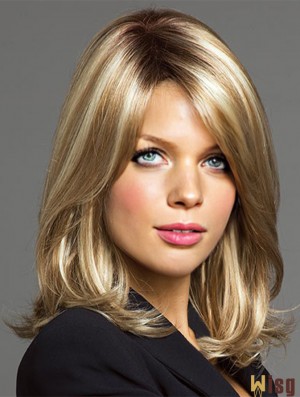 Fashionable Blonde Shoulder Length Straight Layered Lace Front Wigs