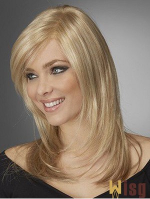 Best Comfortable Synthetic Wigs With Bangs Monofilament Blonde Color Wavy Style