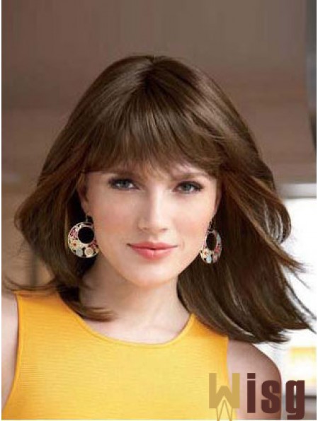 Straight With Bangs Shoulder Length Auburn Style Lace Front Wigs