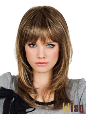 Brown Shoulder Length Wavy With Bangs 14 inch Suitable Medium Wigs