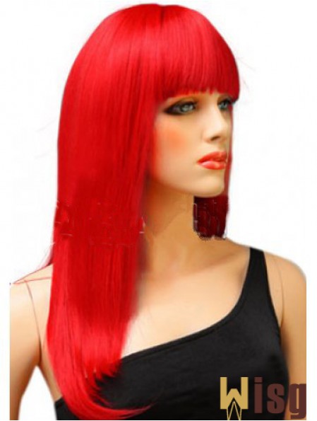 Synthetic Red Hair Wig With Bangs Long Length Straight Style