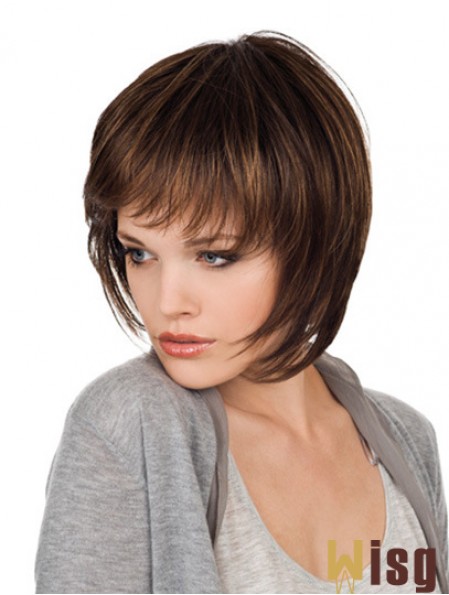 Brown Chin Length Straight With Bangs 10 inch Natural Medium Wigs