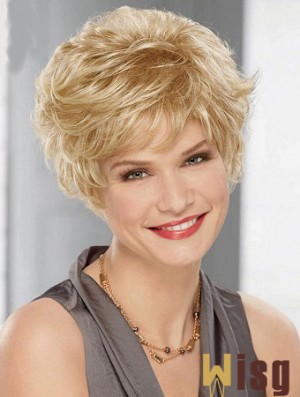 Cheap Synthetic Blonde Color Layered Cut Wavy Style