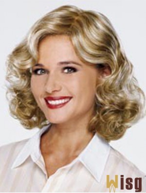 Blonde Shoulder Length Curly Without Bangs 13 inch Fashionable Medium Wigs