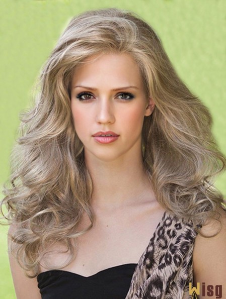 Designed Blonde Long Without Bangs Wavy Glueless Lace Front Wigs