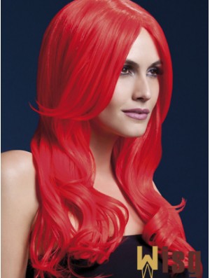 Synthetic Long Hair Wigs Red Color Wavy Style With Capless