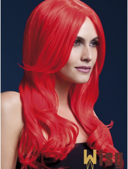 Synthetic Long Hair Wigs Red Color Wavy Style With Capless