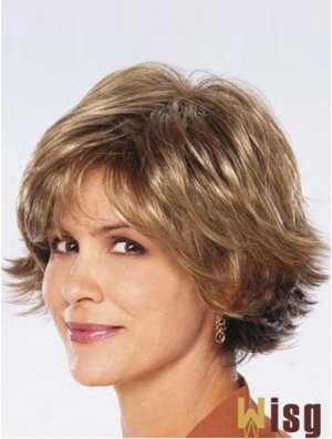 Ladies Synthetic Wigs UK Sale Chin Length Brown Color Wavy Style