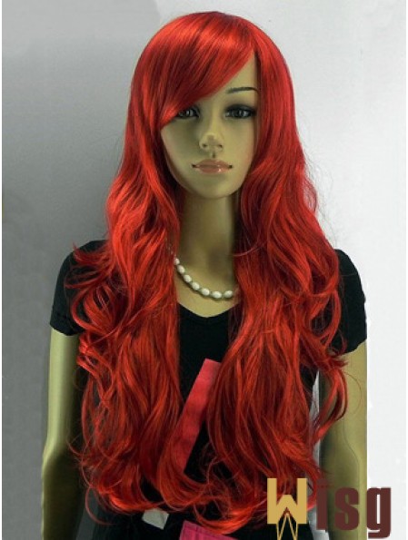 24 inch Wavy With Bangs Capless Red Affordable Long Wigs