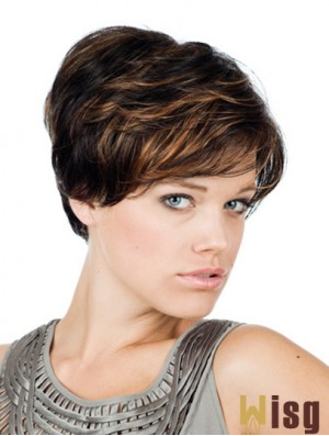 Comfortable 8 inch Straight Brown With Bangs Short Wigs