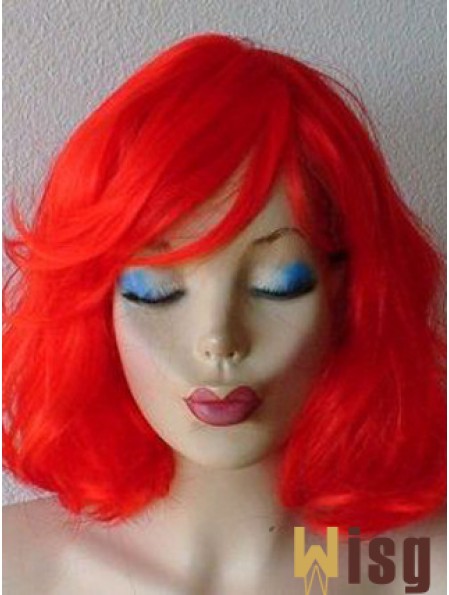 Wavy With Bangs Shoulder Length Red Suitable Lace Front Wigs