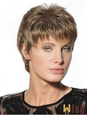 Suitable Brown Cropped Boycuts Straight Glueless Lace Front Wigs