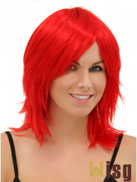 Red Shoulder Length Straight Without Bangs 14 inch Modern Medium Wigs