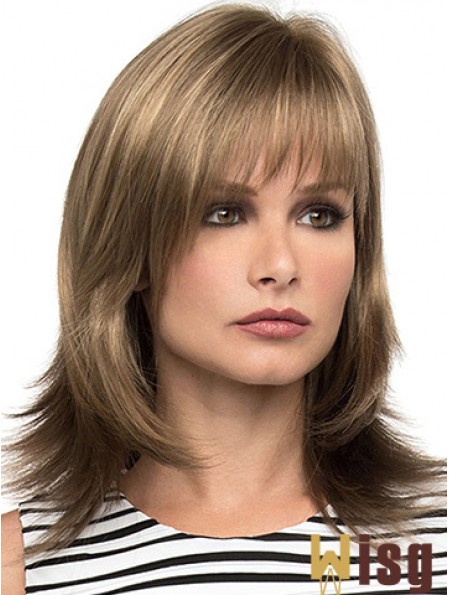 With Bangs Brown Wavy Shoulder Length 14 inch Sassy Medium Wigs