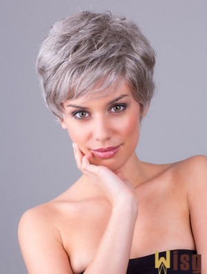 Synthetic Monofilament 8 inch Layered Wavy Grey Wigs Short