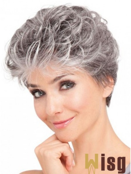 Lace Front Synthetic Grey Short Wavy Elderly Lady Hair Wigs