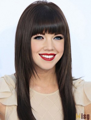 Human Hair Carly Rae Jepsen Wigs 100% Hand Tied Black Color With Bangs