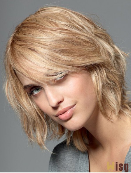 With Bangs Blonde Wavy Shoulder Length 10 inch No-Fuss Medium Wigs